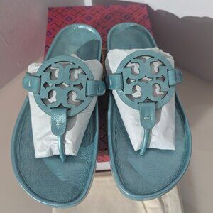 Tory Burch $225 MILLER CLOUD SANDAL Audrey Blue Turquoise Metallic Leather 7 8
